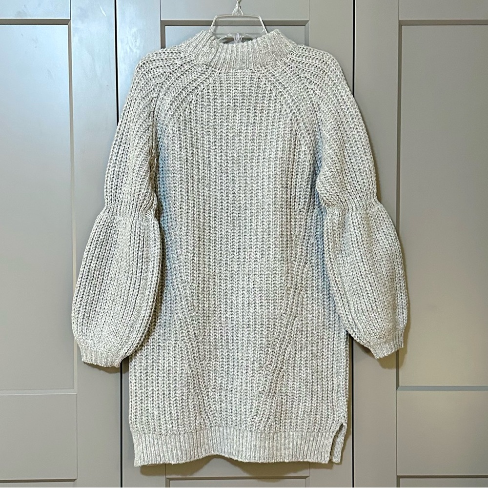 Allison NY Chunky Knit Sweater Dress Mock Neck Bubble Sleeve Gray Size XS NEW